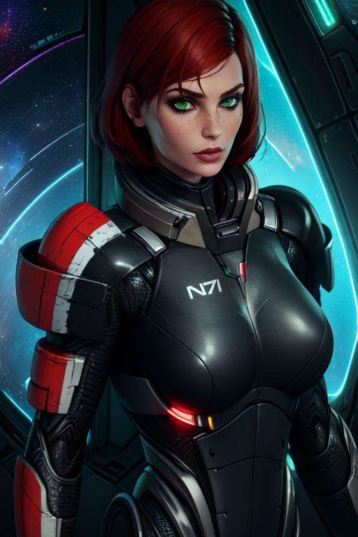 Jane, solo,short hair,red hair,green eyes,Shepard, black power armor,  standing, upper body, N7, space pod, neon lights, (insanely detailed, beautiful detailed face, masterpiece, best quality)  <lora:femshep:0.7>