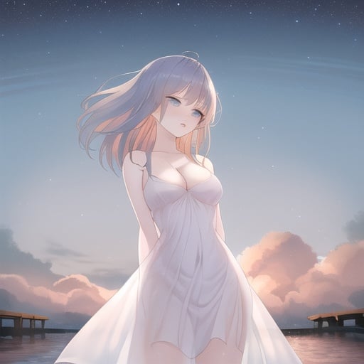 masterpiece, best quality, 1girl, solo, sky, dress, breasts, outdoors, white dress, cloud, cleavage, bangs, standing, medium breasts, bare shoulders, looking at viewer, see-through, long hair, collarbone, water, blue sky, parted lips, arms behind back, sleeveless dress, medium hair, star (sky), blue eyes, sleeveless, see-through silhouette, floating hair, grey eyes, starry sky