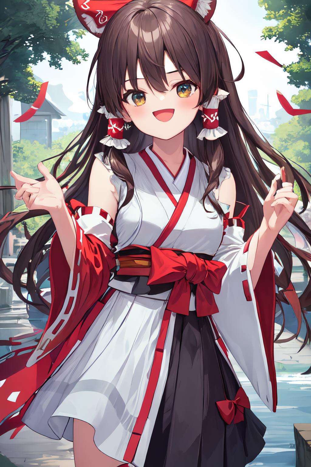 (best quality), 1girl, solo, reimu hakurei, miko, brown hair, :D, looking at viewer