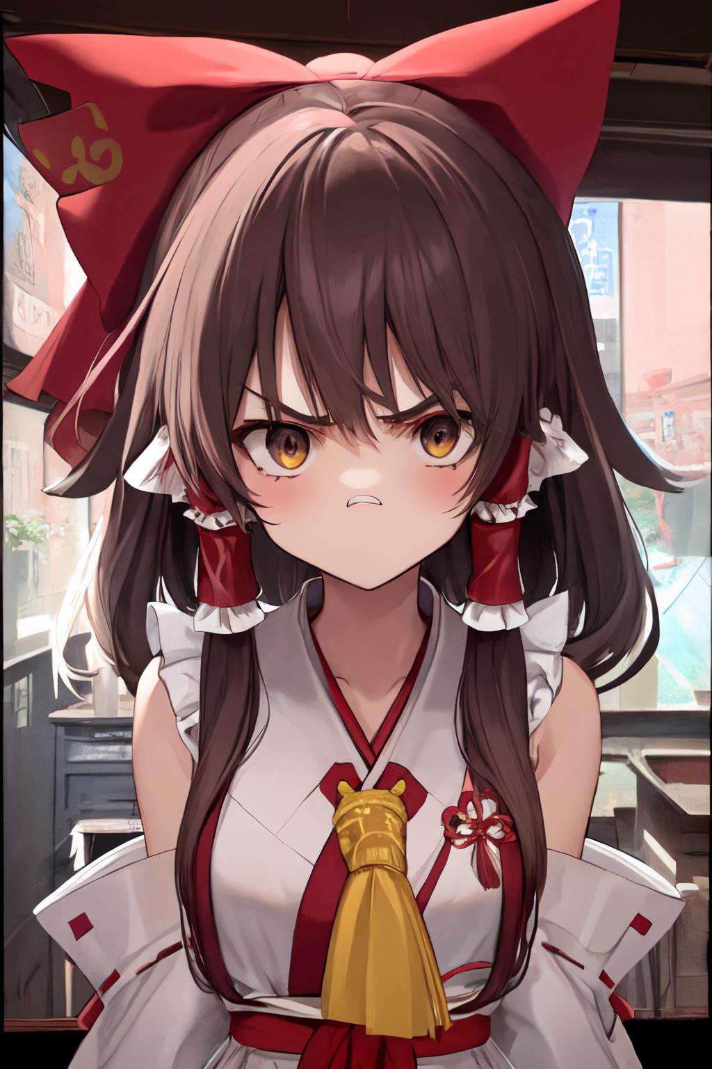 (best quality), 1girl, solo, reimu hakurei, miko, brown hair, angry, looking at viewer