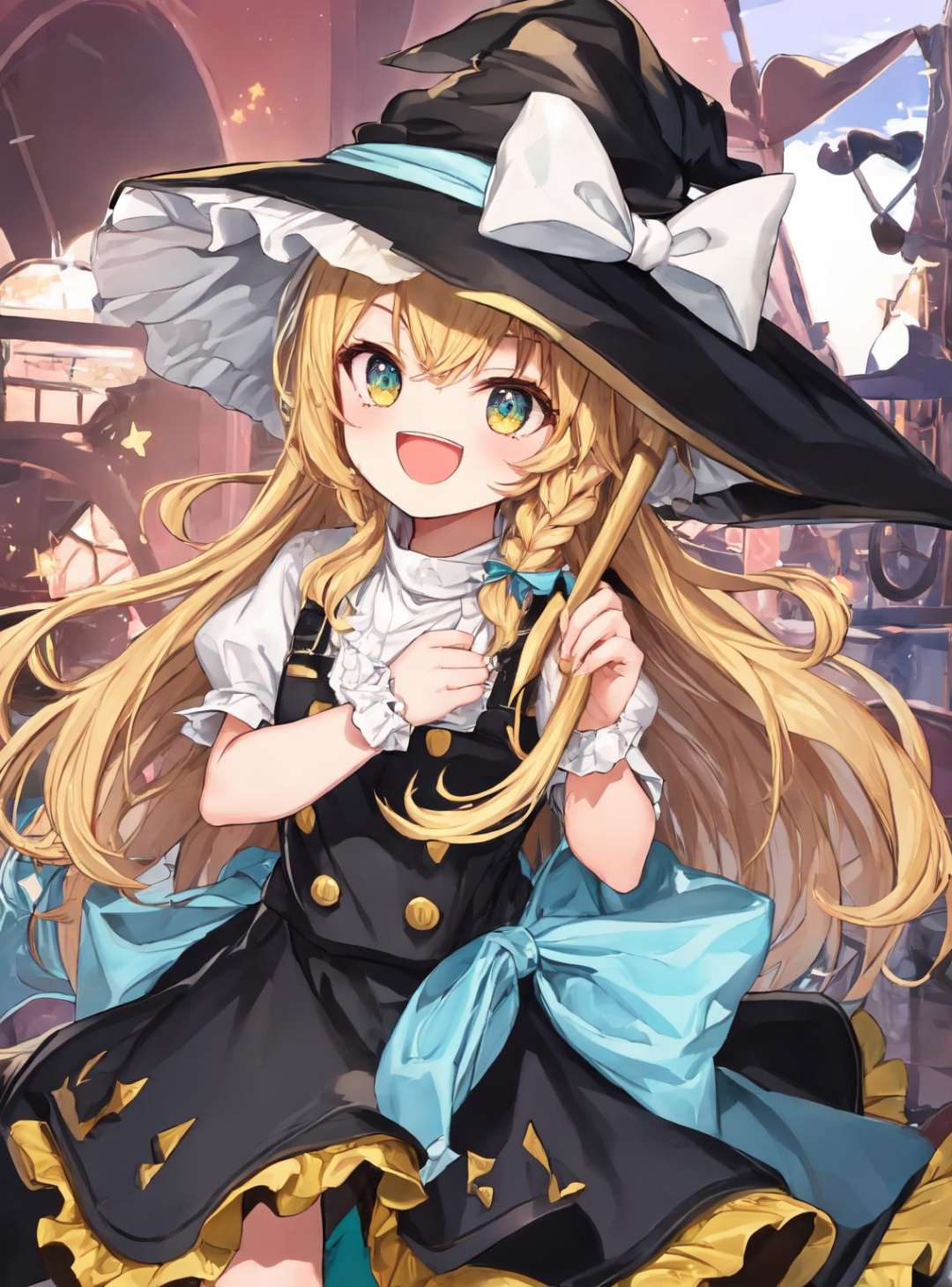 (best quality), 1girl, :D, kirisame marisa, blonde hair, witch hat