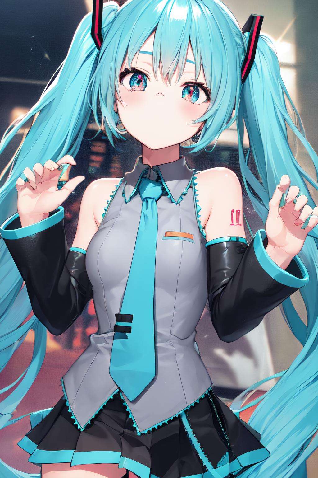 (best quality), 1girl, solo, hatsune miku, twintails, (\:\<:1.3)