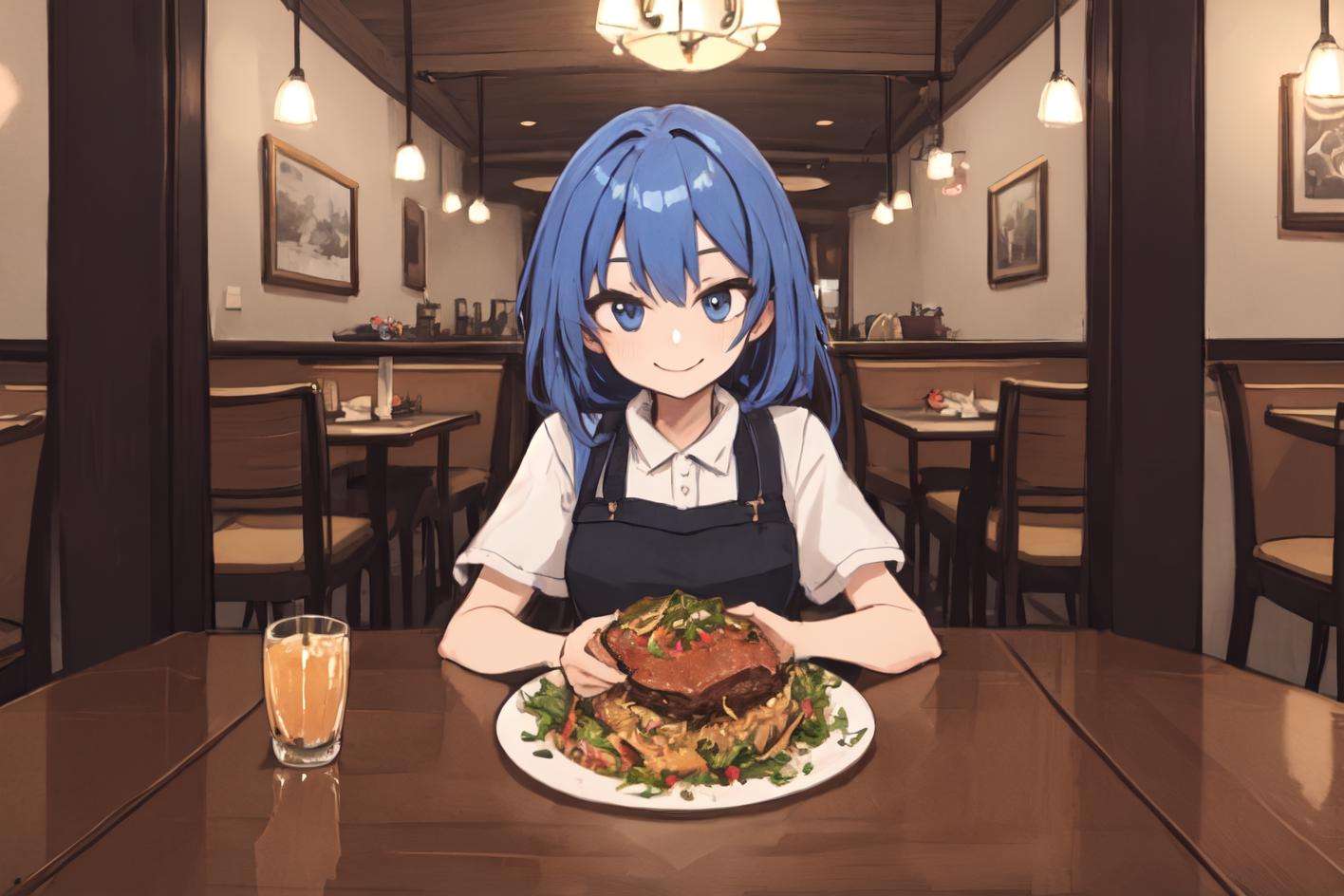 masterpiece, restaurant, pov across table, blue hair, blue eyes, smile, drink, food, food focus