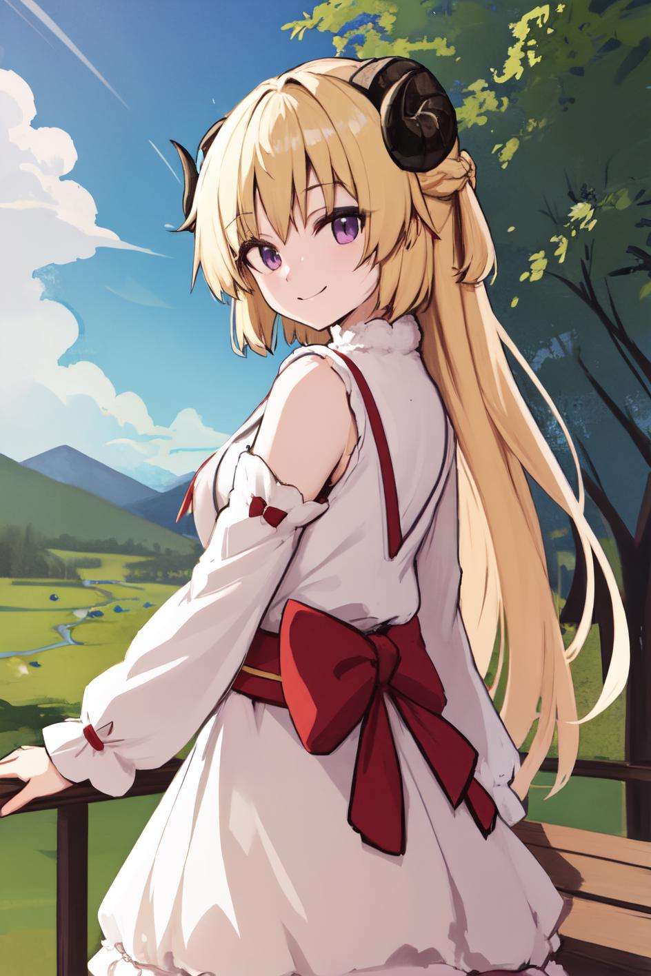 masterpiece, tsunomaki watame, purple eyes, blonde hair, long hair, sheep horns, sheep ears, half updo, smile, outdoors