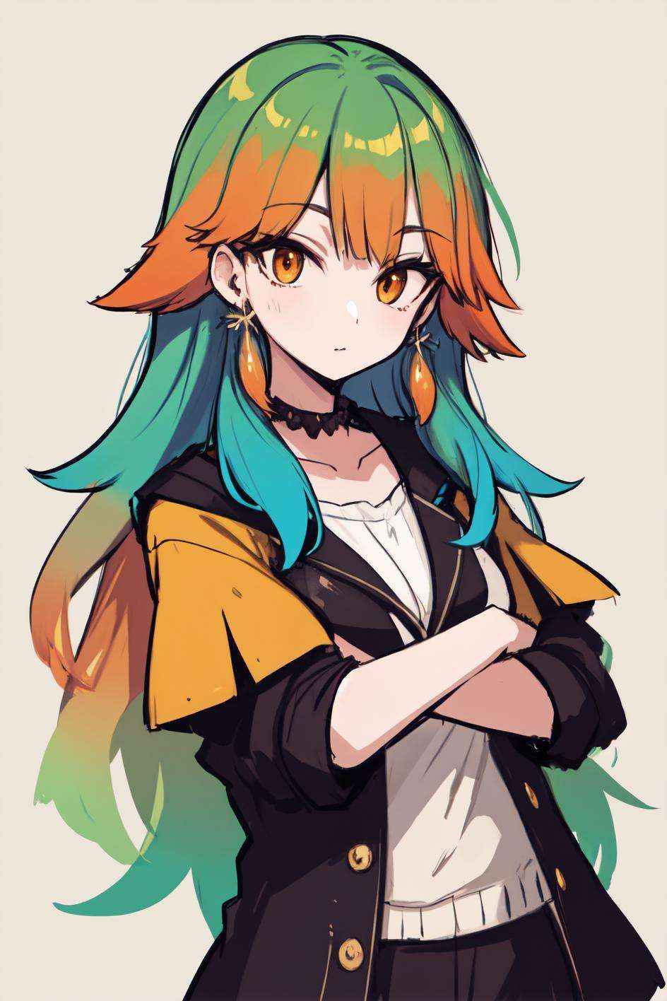 masterpiece, takanashi kiara, gradient hair, orange hair, green hair, colored inner hair, orange eyes