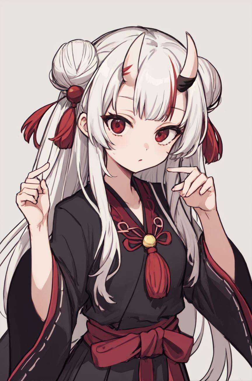 masterpiece, nakiri ayame, double bun, streaked hair, red eyes, oni horns, white hair, gradient hair, tassel hair ornament,