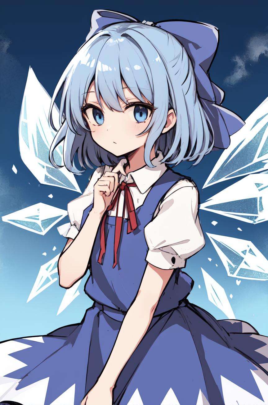 masterpiece, cirno, blue hair, blue eyes, blue bow, short hair, hair bow, fairy wings, crystal wings, bangs, collared white shirt, puffy short sleeves, blue dress, pinafore dress, red ribbon, neck ribbon, ice wings,