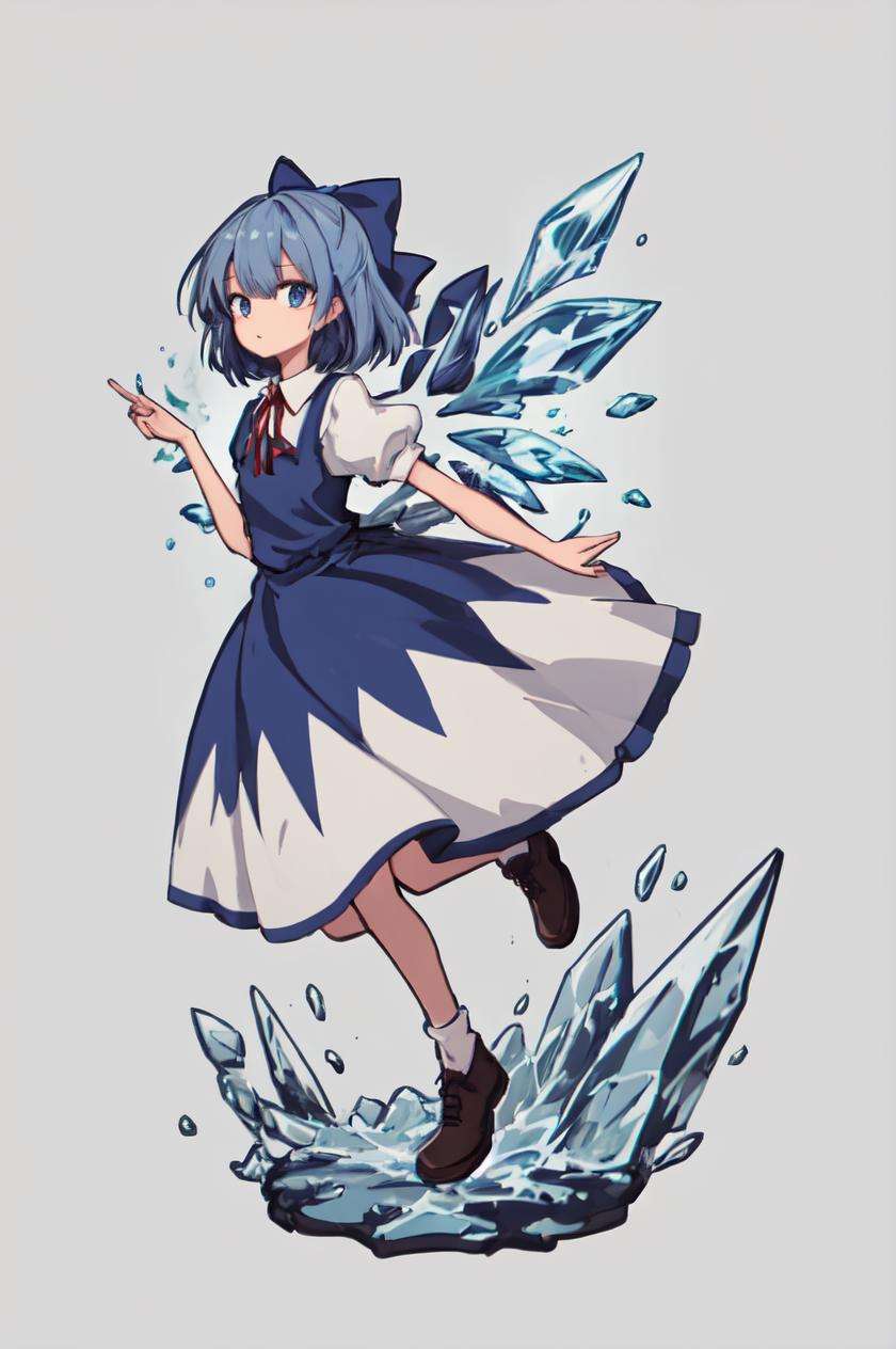 masterpiece, best quality, cirno, blue hair, blue eyes, blue bow, short hair, hair bow, fairy wings, crystal wings, bangs, collared white shirt, puffy short sleeves, blue dress, pinafore dress, red ribbon, neck ribbon, ice wings,