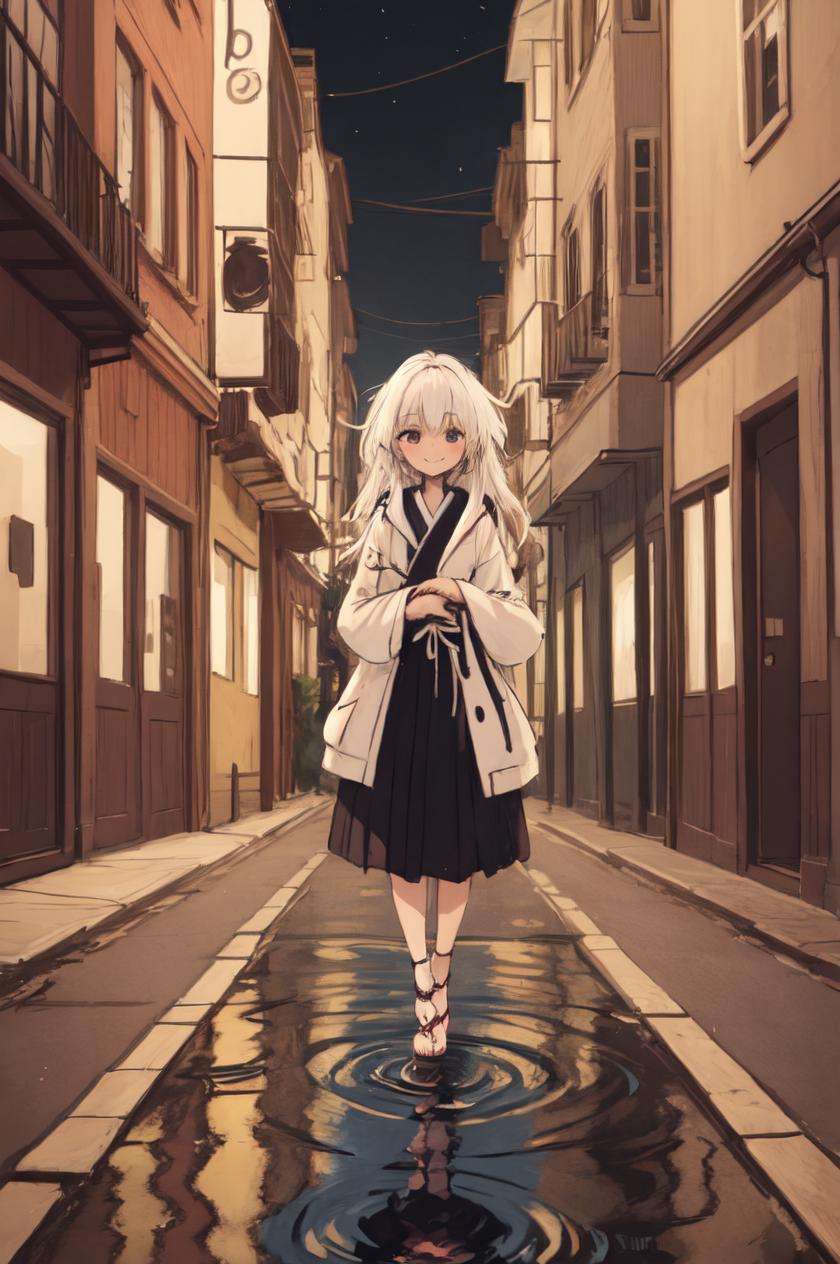 (masterpiece, best quality), intricate details, 1girl, white hair, smile, Hanabi, city, street, puddle, reflection,