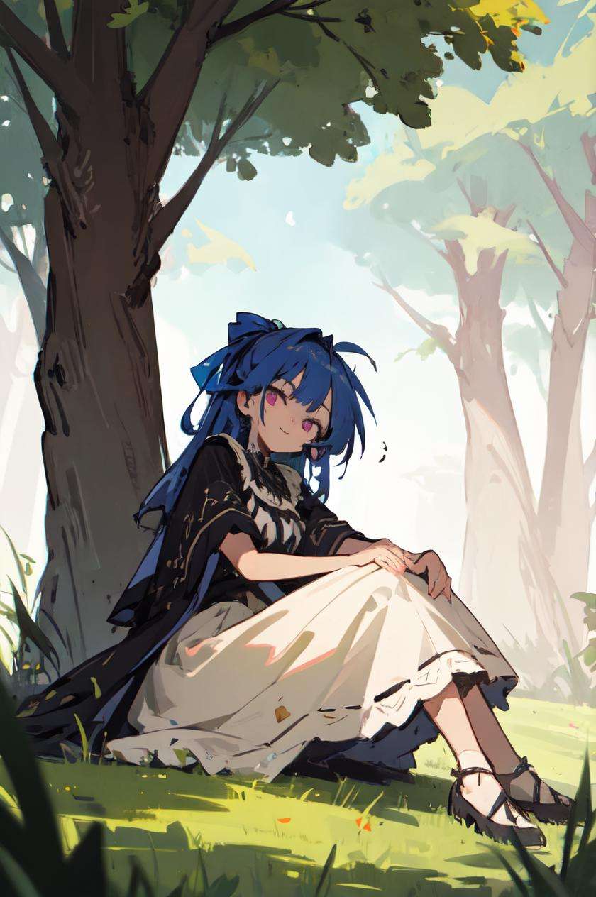 (masterpiece, best quality), intricate details, 1girl, outdoors, park, grass, looking at viewer, blue hair, pink eyes, smug, sitting