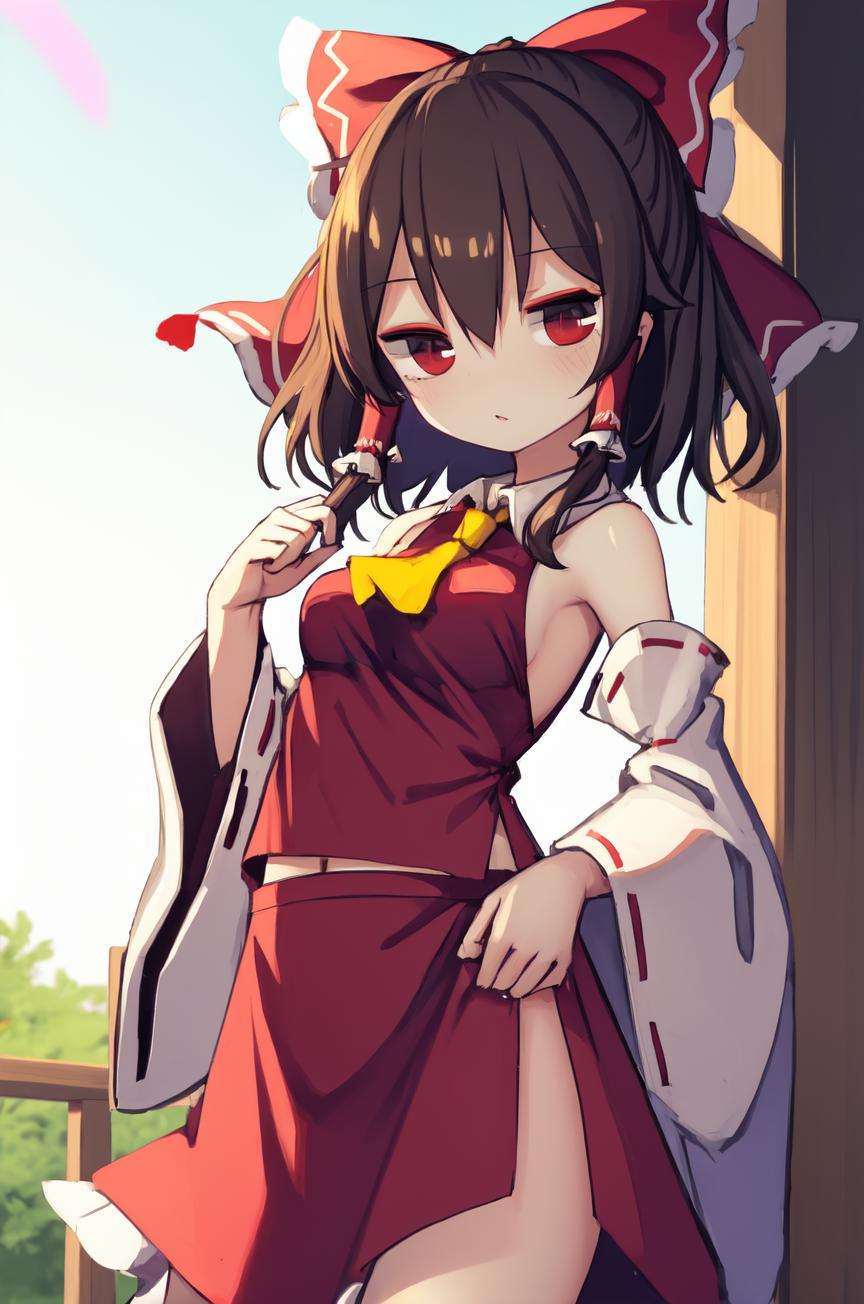 masterpiece, ti owo, hakurei reimu, red bow, yellow ascot, bare shoulders, ribbon trim, skirt set, detached sleeves, hair tubes, brown hair, black hair, brown eyes, sidelocks, hair bow, gohei, long hair, bangs, ribbon-trimmed sleeves, frilled bow, red long sleeves, frills, short hair, red eyes, wide sleeves, 