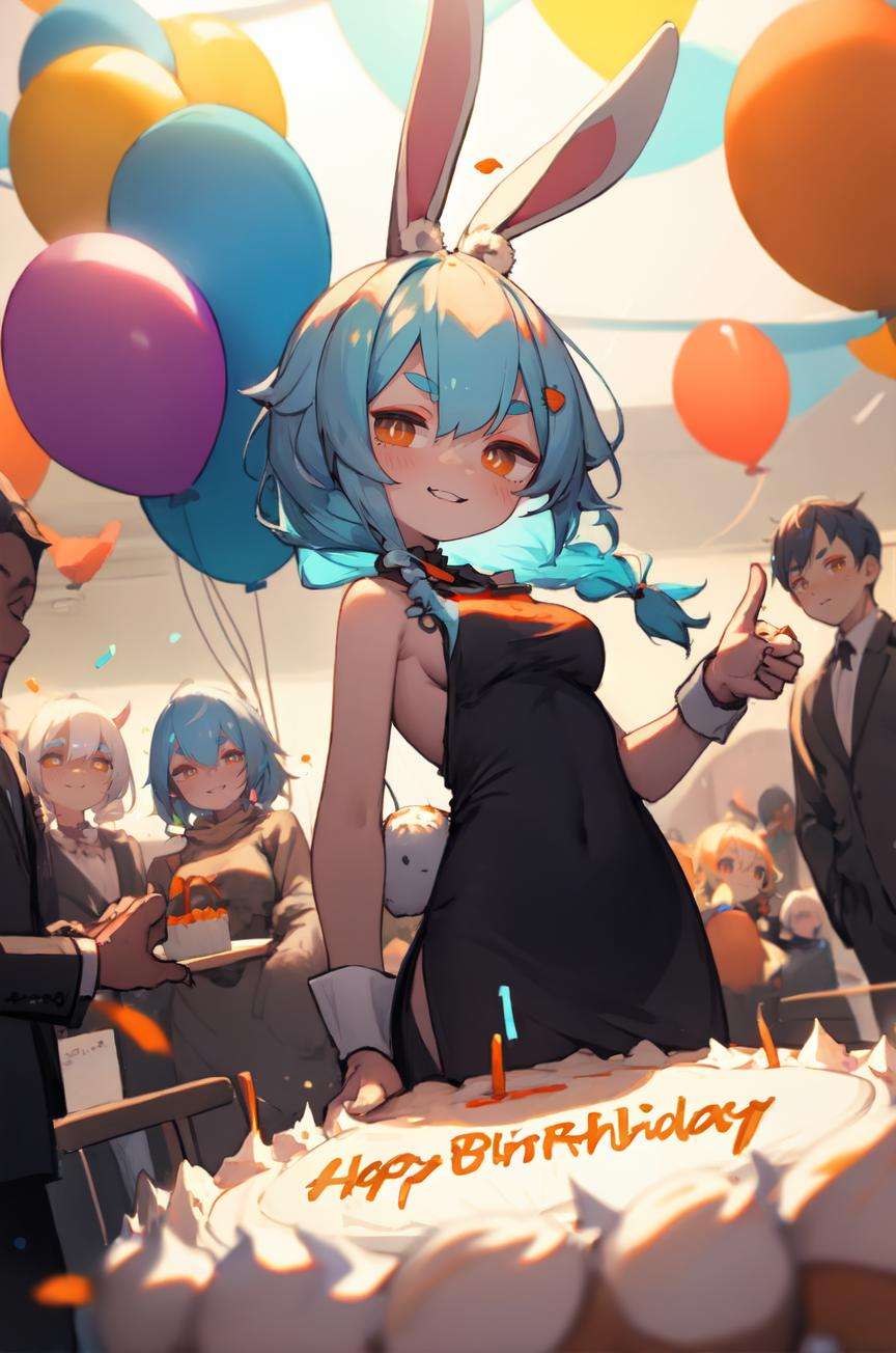 masterpiece, usada pekora, rabbit ears, white hair, twin braids, two-tone hair, blue hair, carrot hair ornament, orange eyes, rabbit-shaped pupils, thick eyebrows, hikimayu, small breasts, indoors, party, balloons, streamers, confetti, giant cake, happy birthday sign, multiple people, multiple girls, multiple boys, crowd