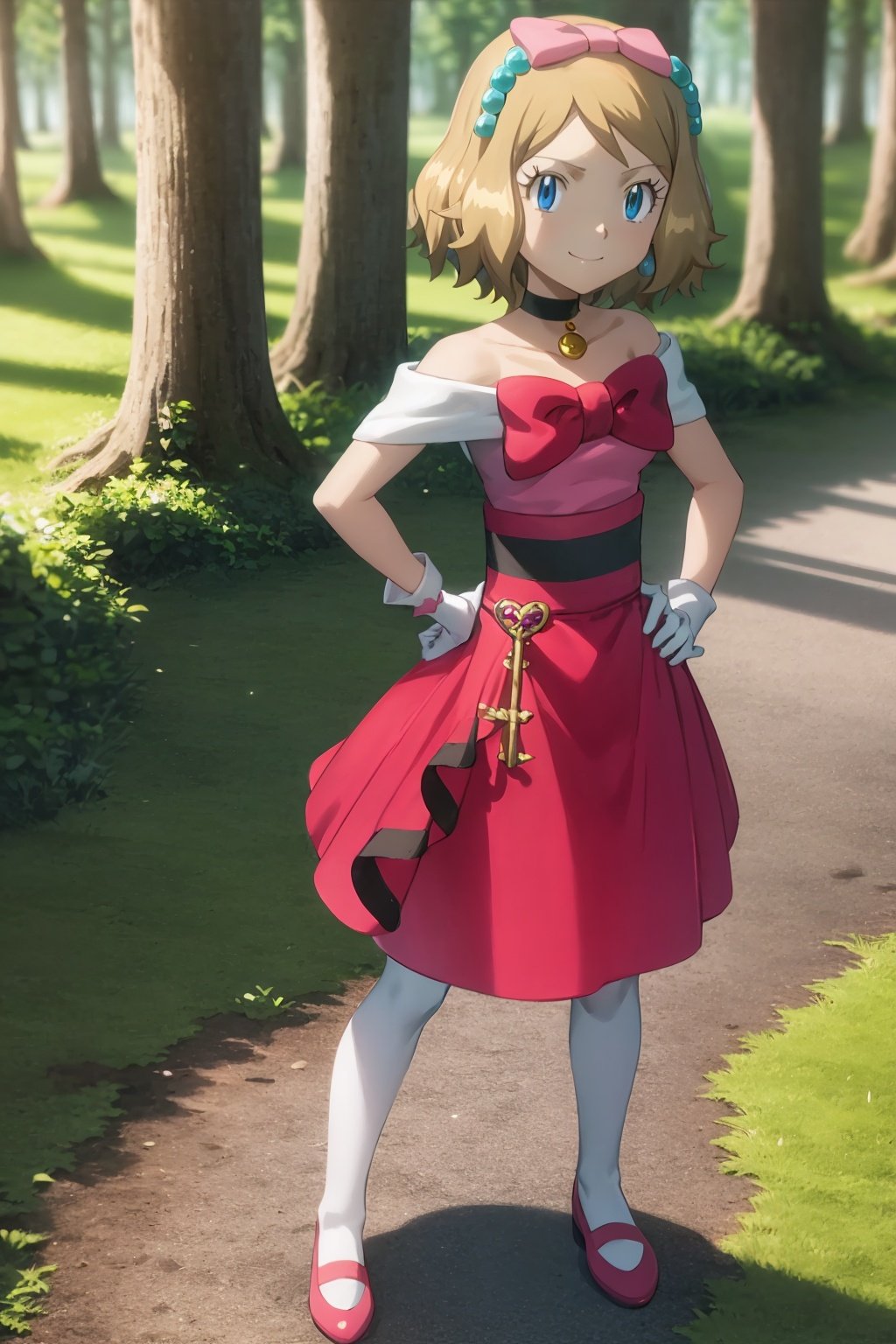 masterpiece, best quality, 1girl,serena \(pokemon\), short hair, blonde hair, blue eyes, eyelashes, black choker, hair bow, dress, collarbone, white gloves, brown pantyhose, red shoes, hands on hips, smile, looking at viewer, solo, forest background <lora:Serena:1>