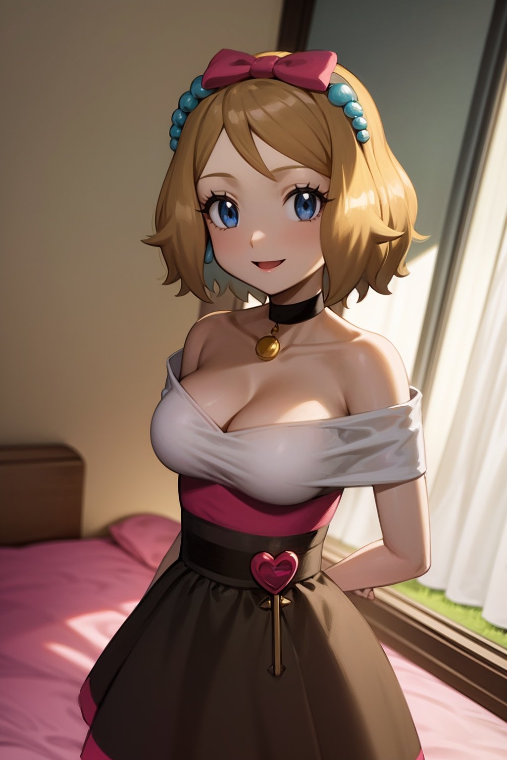 masterpiece, best quality, 1girl,serena \(pokemon\), short hair, blonde hair, blue eyes, eyelashes, black choker, hair bow, dress, collarbone, large breasts, smile, looking at viewer, solo, indoors, bedroom background <lora:Serena:1>