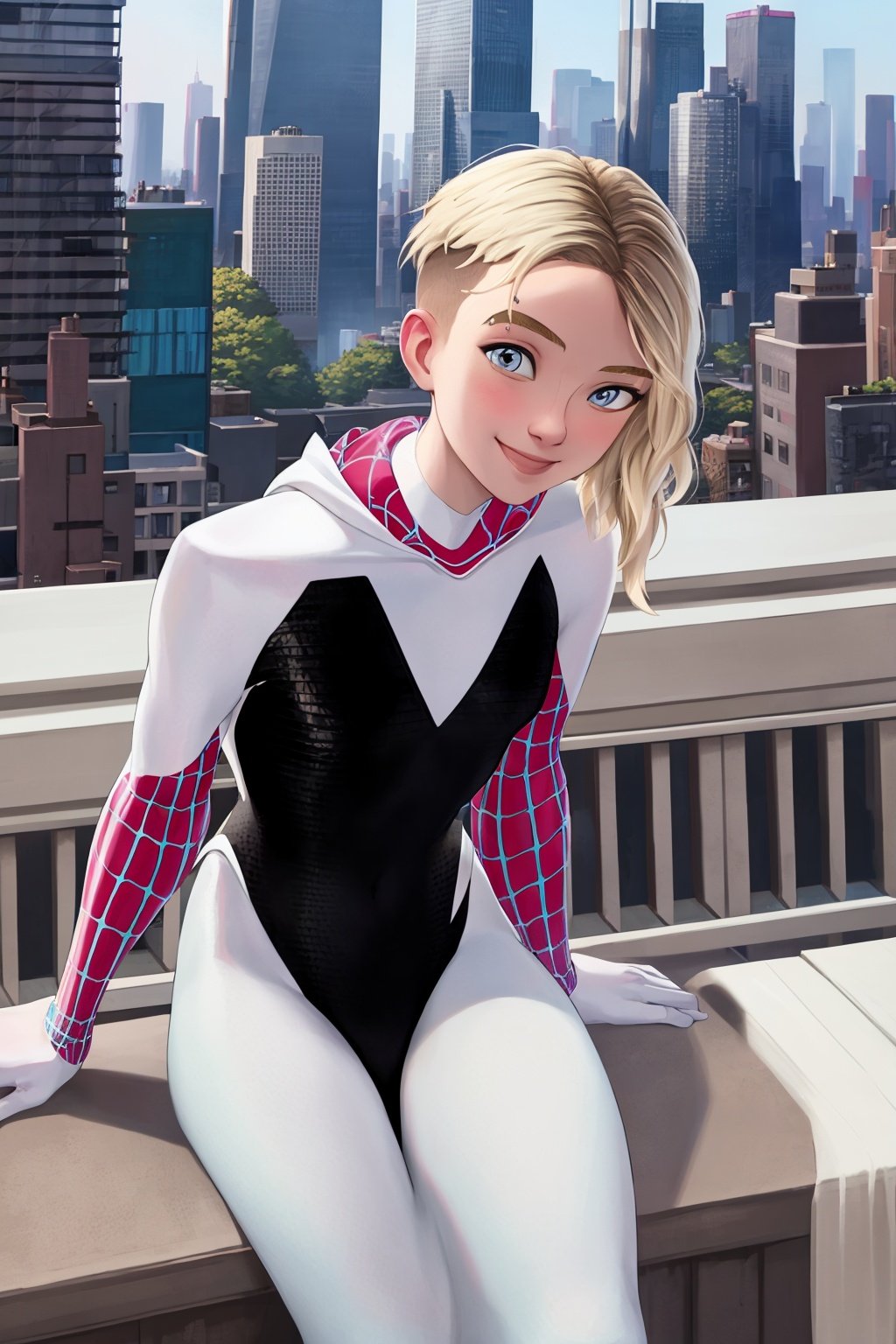 masterpiece, best quality, 1girl, gwenstacy, blonde hair, asymmetrical hair,  blue eyes, hooded bodysuit, eyebrow piercing, sitting on top of building, view from top, animification, smile, solo, looking at viewer,  skyscraper, new york city background <lora:GwenStacy:1> 