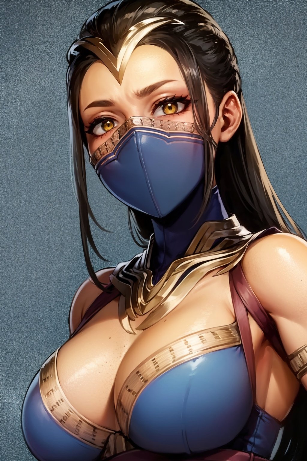 masterpiece, best quality, 1girl, kitana, mouth mask, black long hair, yellow eyes, dark skin, closeup, sketch, simple background <lora:KitanaMK1:1>