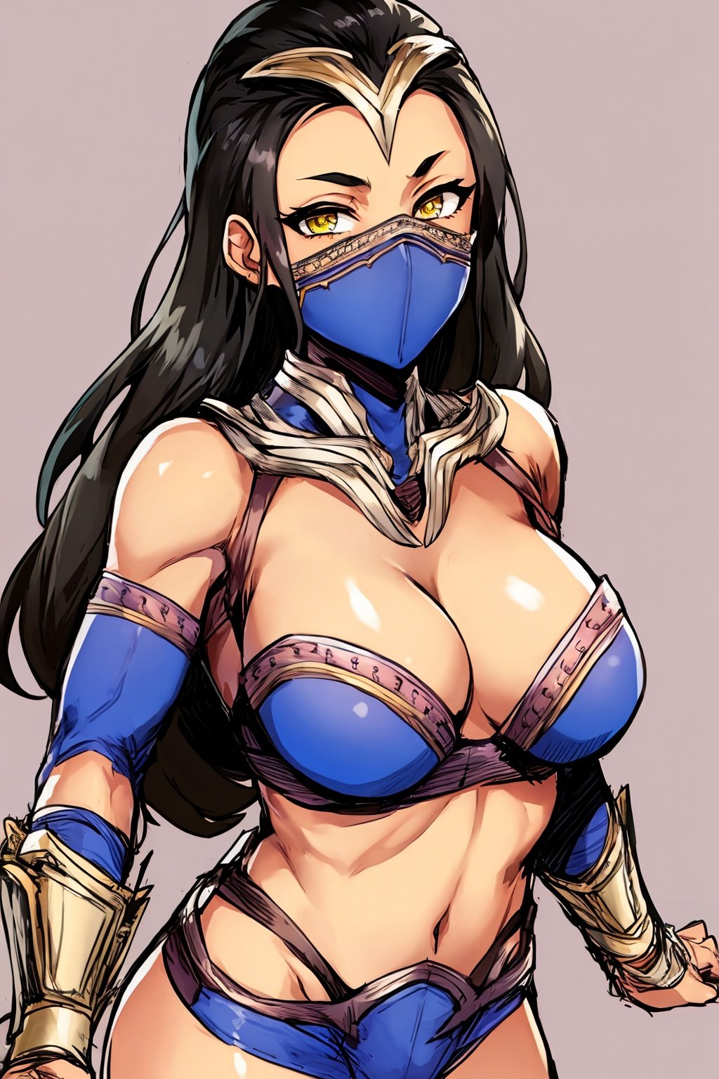 masterpiece, best quality, 1girl, kitana, mouth mask, black long hair, yellow eyes, dark skin, closeup, sketch, simple background <lora:KitanaMK1:1>