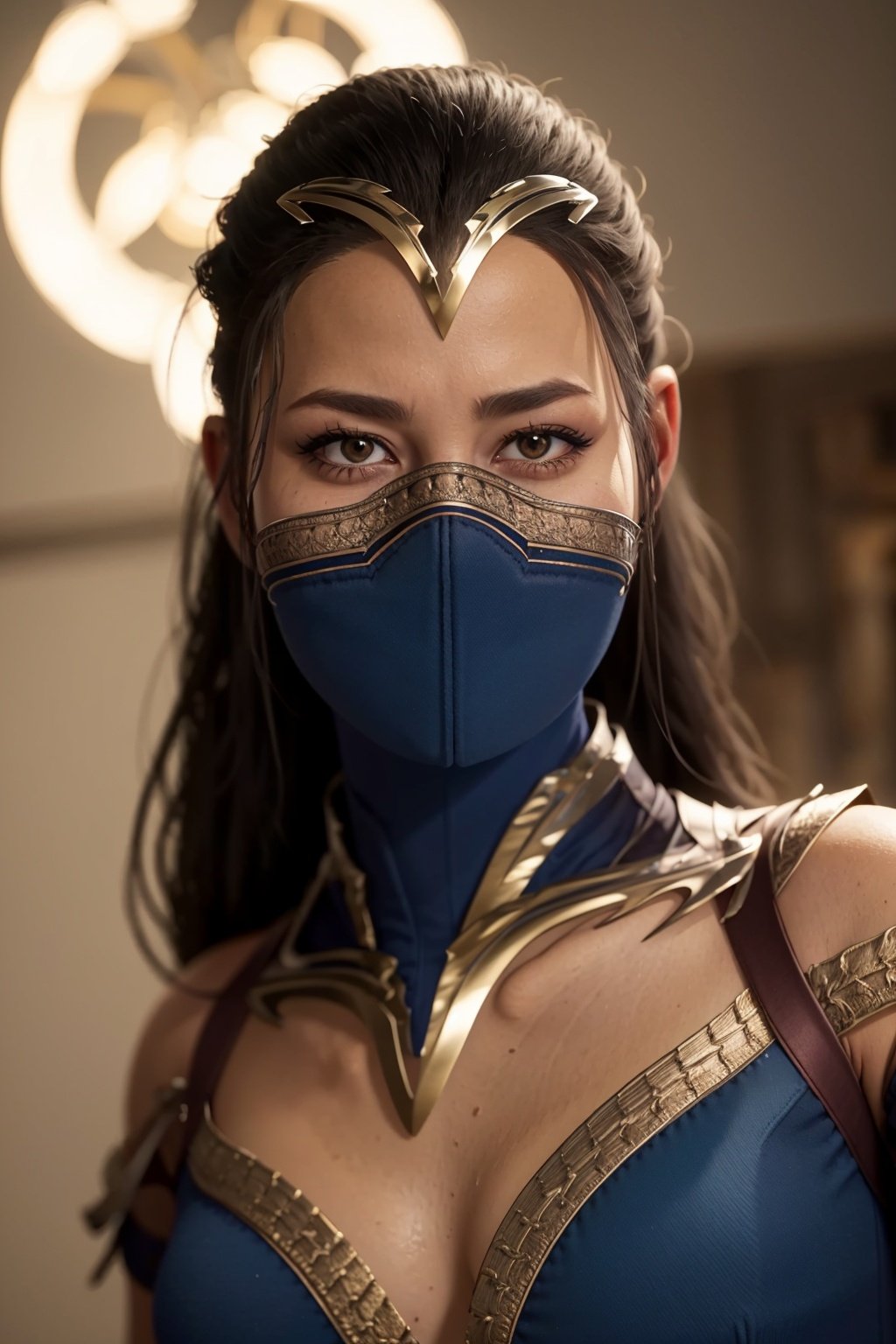 8k, best quality, real picture, intricate details, ultra-detailed, ultra highres, depth field,(photorealistic,realistic:1.2),masterpiece,photo of  kitana, mouth mask, brown eyes, black long hair, cleavage, solo, sun, blue sky,best quality, realistic, photorealistic, (intricate details:1.2), (delicate detailed), (cinematic light), clear line, sharp focus, realistic face, detailed faceunity 8k wallpaper, ultra high res, (photorealistic:1.4), looking at viewer   <lora:KitanaMK1:1>