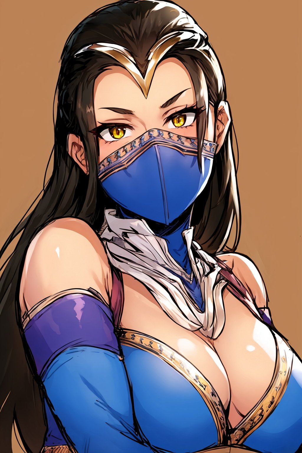 masterpiece, best quality, 1girl, kitana, mouth mask, black long hair, yellow eyes, dark skin, closeup, sketch, simple background <lora:KitanaMK1:1>