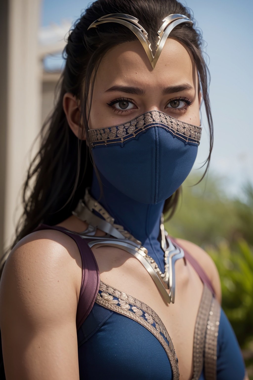 8k, best quality, real picture, intricate details, ultra-detailed, ultra highres, depth field,(photorealistic,realistic:1.2),masterpiece,photo of  kitana, upper body, mouth mask, brown eyes, black long hair, cleavage, solo, outdoors, sun, blue sky,best quality, realistic, photorealistic, (intricate details:1.2), (delicate detailed), (cinematic light), clear line, sharp focus, realistic face, detailed faceunity 8k wallpaper, ultra high res, (photorealistic:1.4), looking at viewer   <lora:KitanaMK1:1>