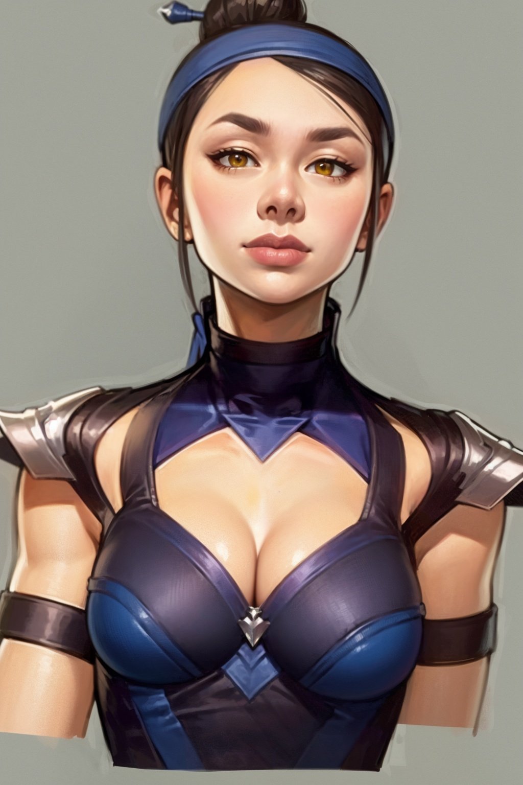 masterpiece, best quality, 1girl, kitana, black hair, hair bun, yellow eyes, lips, dark skin, shoulder armor, cleavage cutout, closeup, sketch, solo, simple background <lora:KitanaMK11:1>