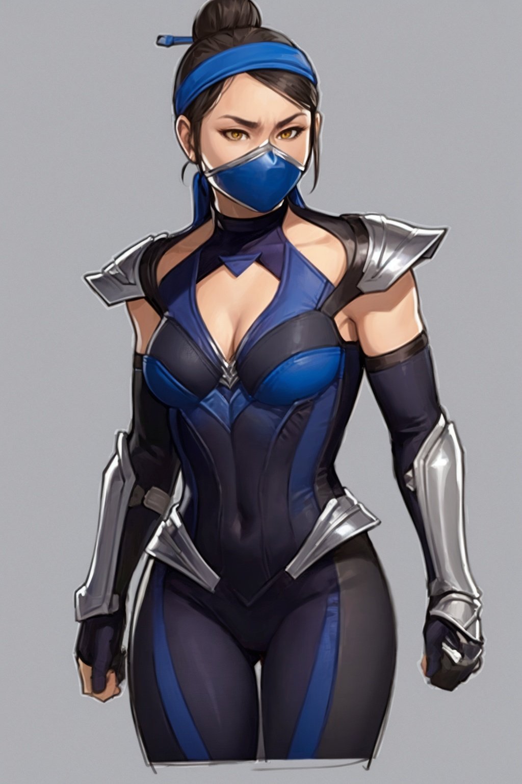 masterpiece, best quality, 1girl, kitana, mouth mask, black hair, hair bun, yellow eyes, dark skin, shoulder armor, cleavage cutout, closeup, sketch, solo, simple background <lora:KitanaMK11:1>