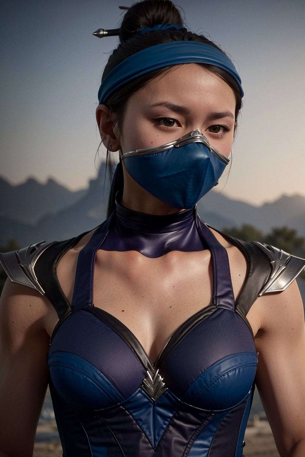 8k, best quality, real picture, intricate details, ultra-detailed, ultra highres, depth field,(photorealistic,realistic:1.2),masterpiece,photo of  kitana, wearing a blue leotard, mouth mask, brown eyes, black hair, hair bun, solo, sun, blue sky,best quality, realistic, photorealistic, (intricate details:1.2), (delicate detailed), (cinematic light), clear line, sharp focus, realistic face, detailed faceunity 8k wallpaper, ultra high res, (photorealistic:1.4), looking at viewer  <lora:KitanaMK11:1>