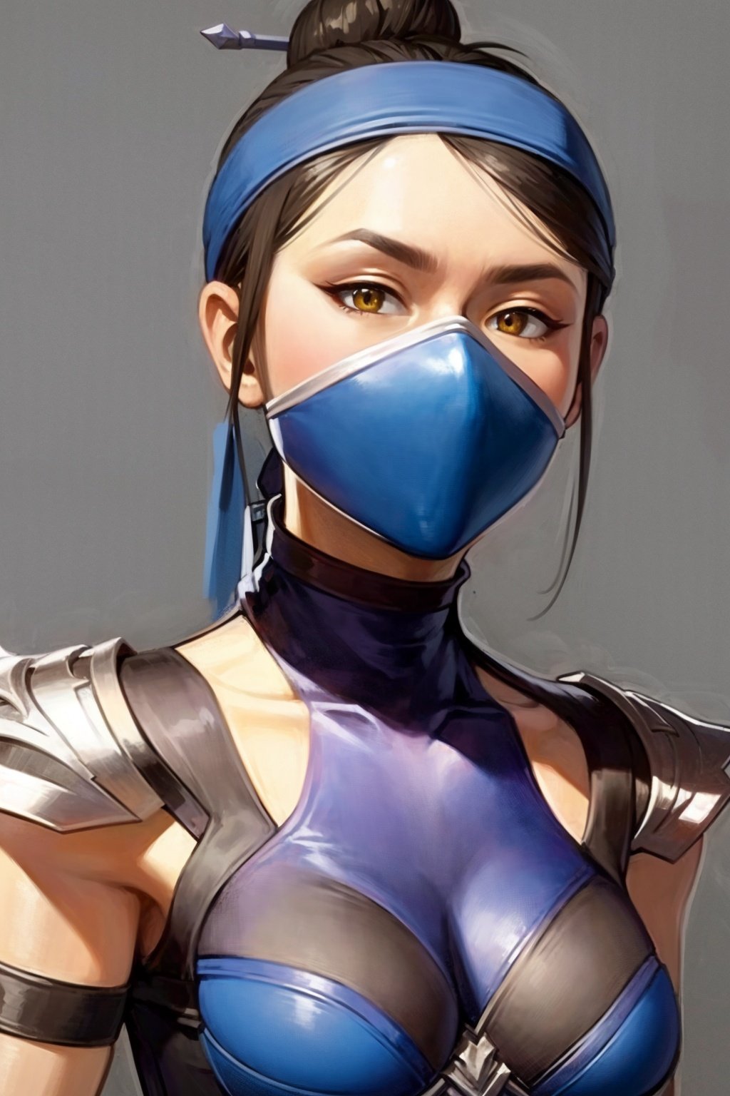 masterpiece, best quality, 1girl, kitana, mouth mask, black hair, hair bun, yellow eyes, dark skin, shoulder armor, closeup, sketch, solo, simple background <lora:KitanaMK11:1>