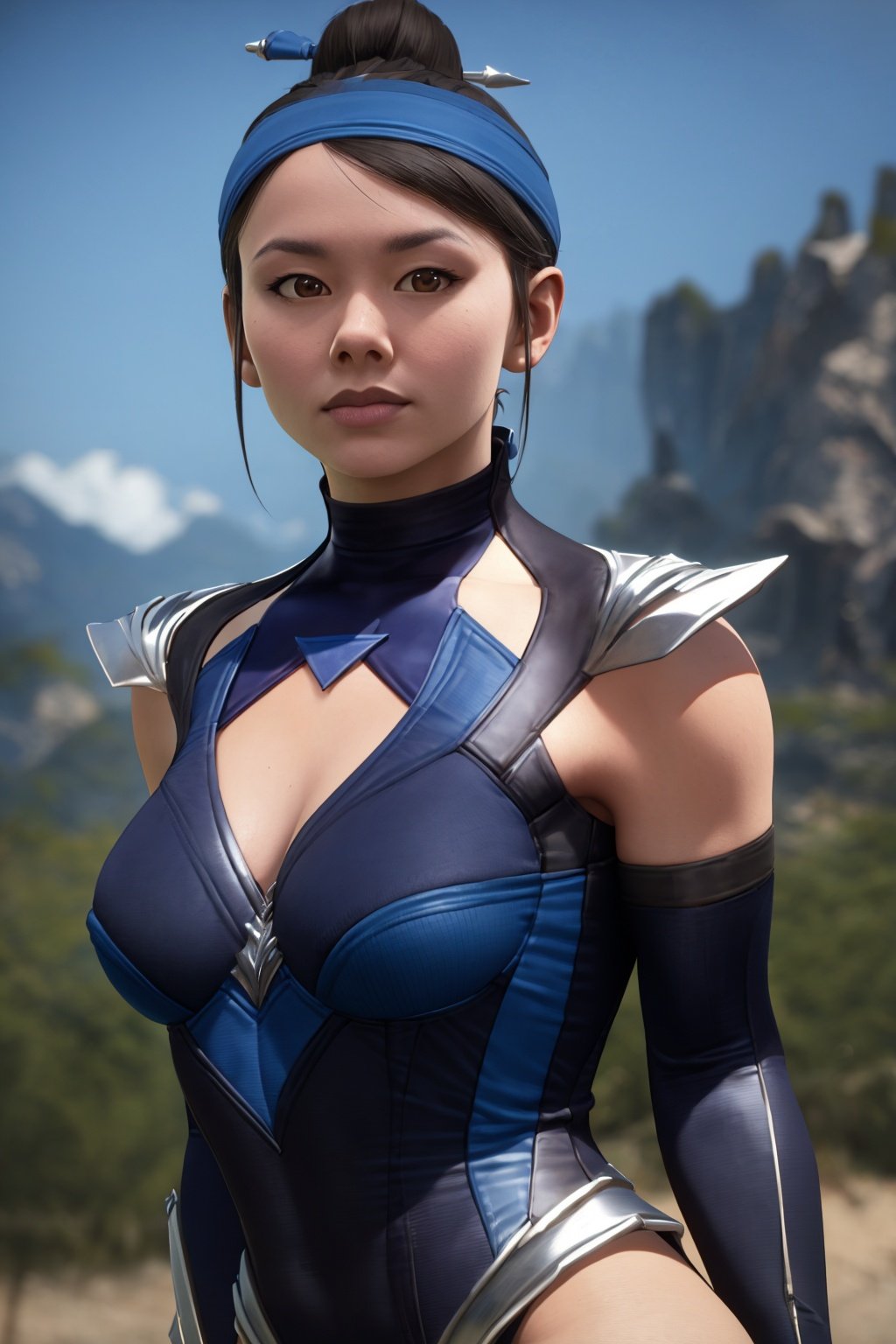 8k, best quality, real picture, intricate details, ultra-detailed, ultra highres, depth field,(photorealistic,realistic:1.2),masterpiece,photo of  kitana, wearing a blue leotard, brown eyes, black hair, hair bun, solo, sun, blue sky,best quality, realistic, photorealistic, (intricate details:1.2), (delicate detailed), (cinematic light), clear line, sharp focus, realistic face, detailed faceunity 8k wallpaper, ultra high res, (photorealistic:1.4), looking at viewer  <lora:KitanaMK11:1>