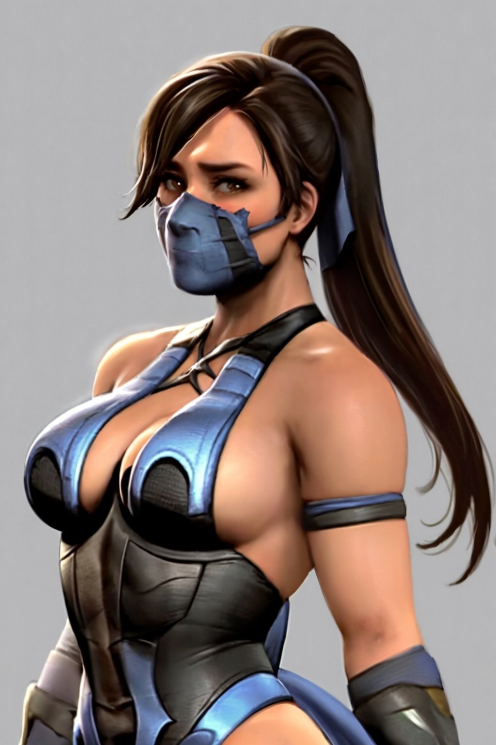 masterpiece, best quality, 1girl, kitana, black hair, ponytail, brown eyes, mouth mask, dark skin, closeup, sketch, solo, simple background  <lora:KitanaMKvsDC:0.9>