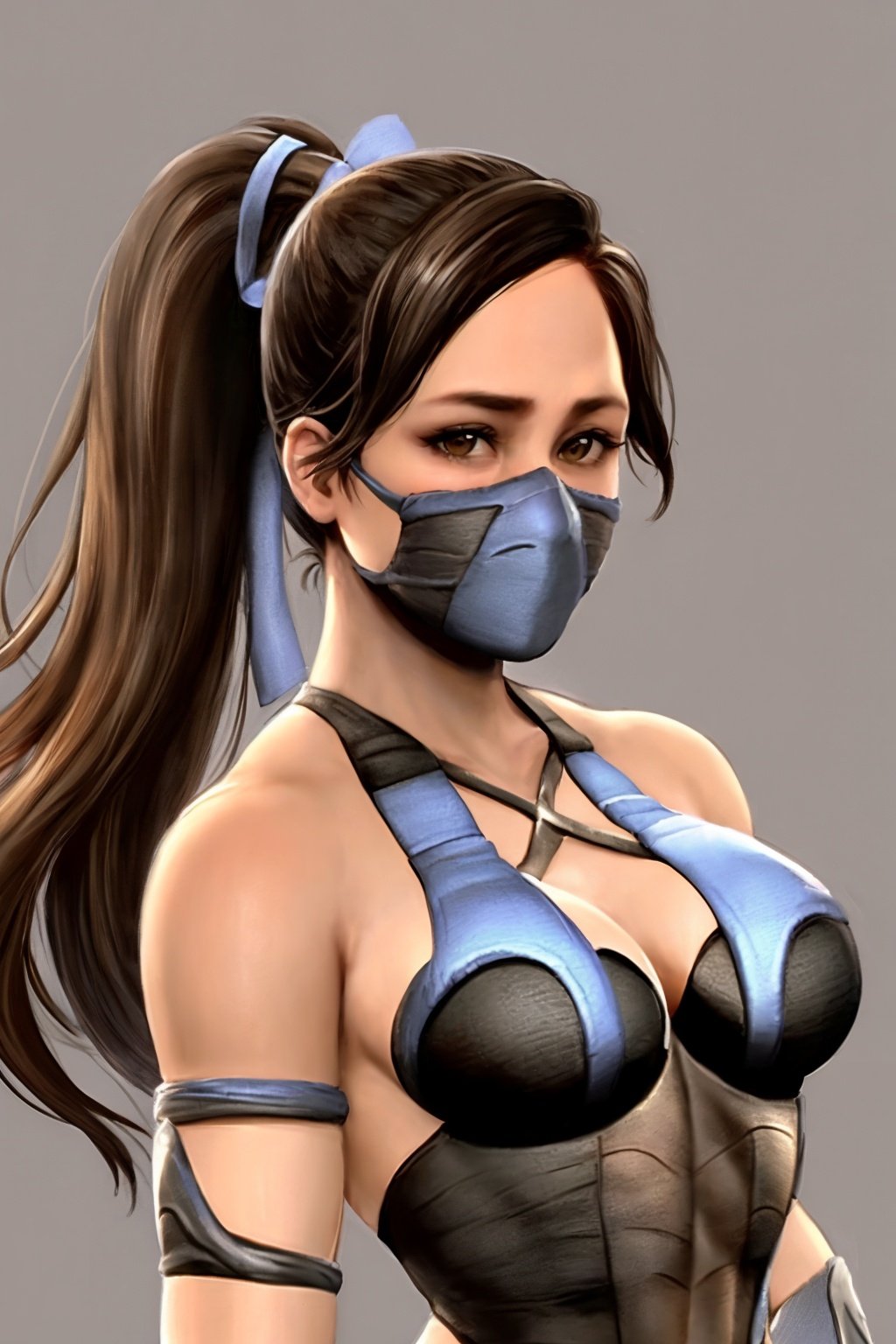 masterpiece, best quality, 1girl, kitana, black hair, ponytail, brown eyes, mouth mask, dark skin, closeup, sketch, solo, simple background  <lora:KitanaMKvsDC:0.9>