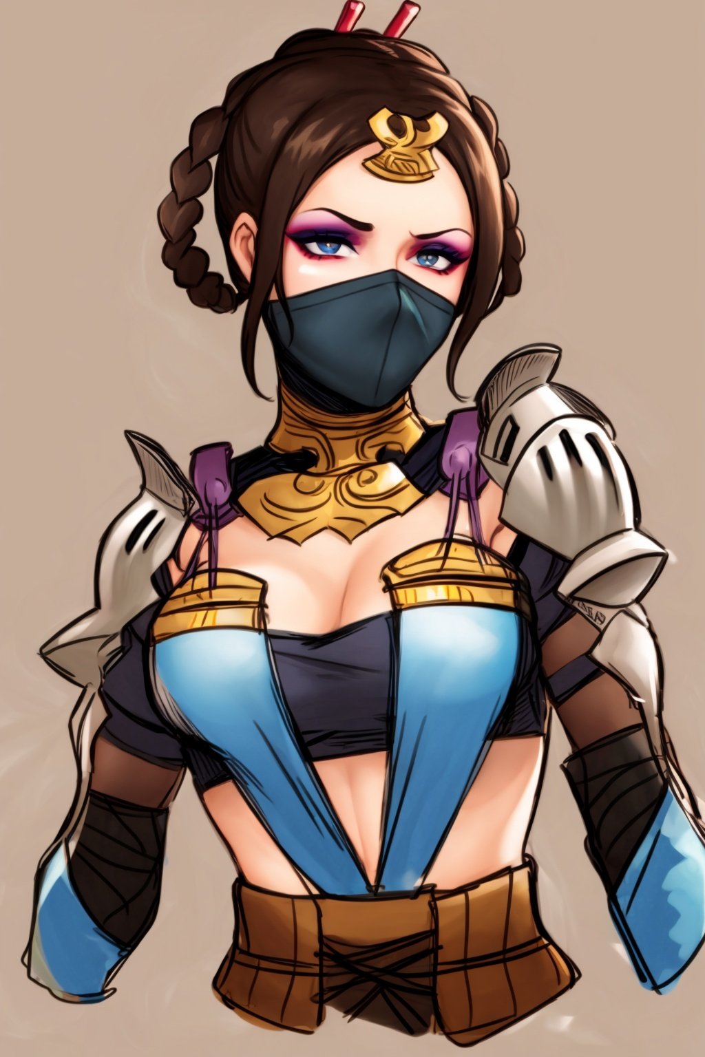 masterpiece, best quality, 1girl, kitana,  braid, hair ornament, eyeshadow, mask, breasts, armor, closeup, sketch,  solo, simple background  <lora:KitanaMKX:1>