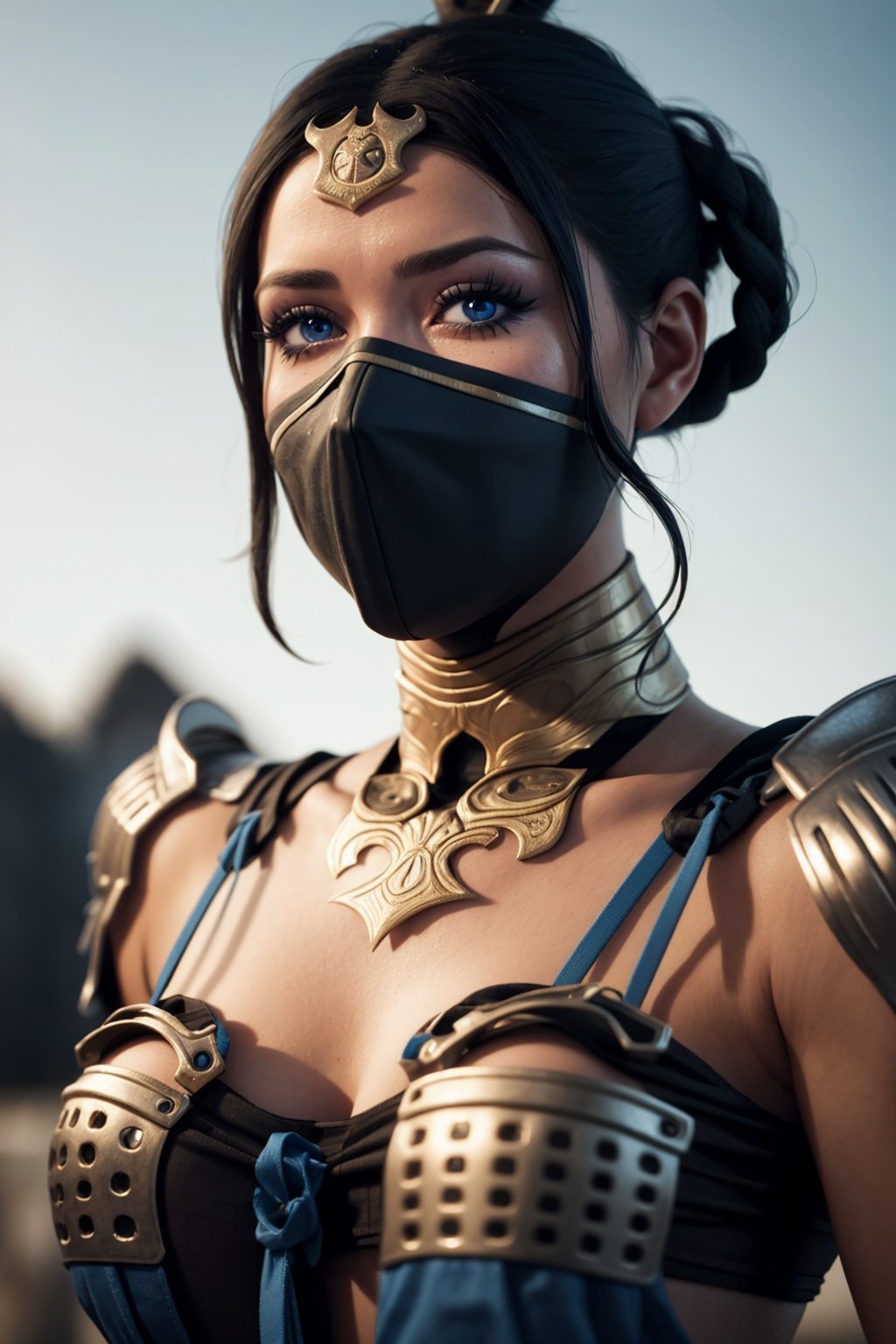 8k, best quality, real picture, intricate details, ultra-detailed, ultra highres, depth field,(photorealistic,realistic:1.2),masterpiece,photo of  kitana, armor, mask, blue eyes, braid, hair ornament, solo, sun, blue sky,best quality, realistic, photorealistic, (intricate details:1.2), (delicate detailed), (cinematic light), clear line, sharp focus, realistic face, detailed faceunity 8k wallpaper, ultra high res, (photorealistic:1.4), looking at viewer    <lora:KitanaMKX:1>