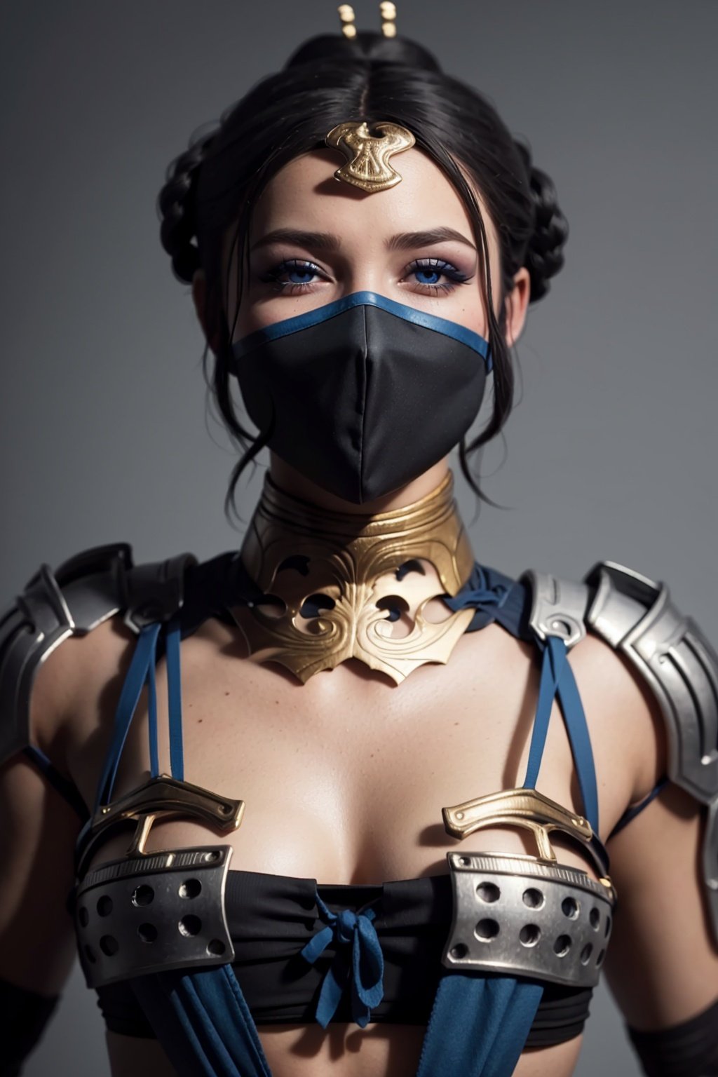 8k, best quality, real picture, intricate details, ultra-detailed, ultra highres, depth field,(photorealistic,realistic:1.2),masterpiece,photo of  kitana, armor, mask, blue eyes, braid, hair ornament, solo, sun, blue sky,best quality, realistic, photorealistic, (intricate details:1.2), (delicate detailed), (cinematic light), clear line, sharp focus, realistic face, detailed faceunity 8k wallpaper, ultra high res, (photorealistic:1.4), looking at viewer    <lora:KitanaMKX:1>