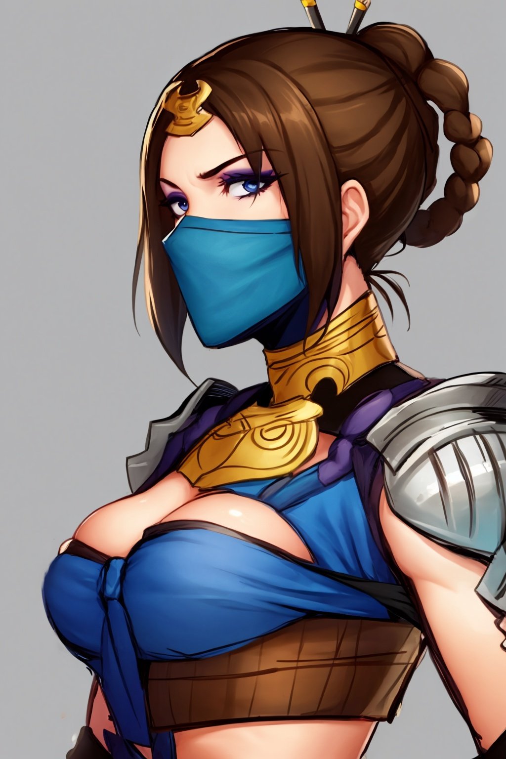 masterpiece, best quality, 1girl, kitana,  braid, brown hair, blue eyes, hair ornament, mask, breasts, armor, closeup, sketch,  solo, simple background  <lora:KitanaMKX:1>