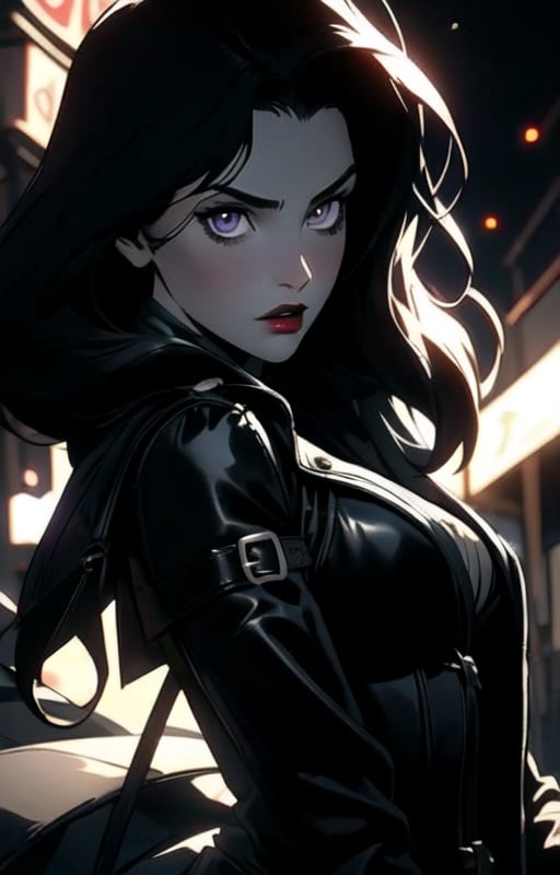 1girl, beautiful girl, long black hair:1.2, purple eyes, black leather pants, black leather corset, (large black leather trench coat:1.2), big breasts,looking at viewer, solo, upper body,(masterpiece:1.4),(best quality:1.4),red lips,parted lips, night city:1,street,night,vampire:1.2,dramatic shadows,extremely_beautiful_detailed_anime_face_and_eyes,an extremely delicate and beautiful,dynamic angle, cinematic camera, dynamic pose,depth of field,chromatic aberration,backlighting,Watercolor, Ink, epic, candystyle, ,style,castlevania style