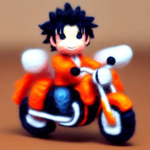 miniwool style of a Goku riding a motorcycle