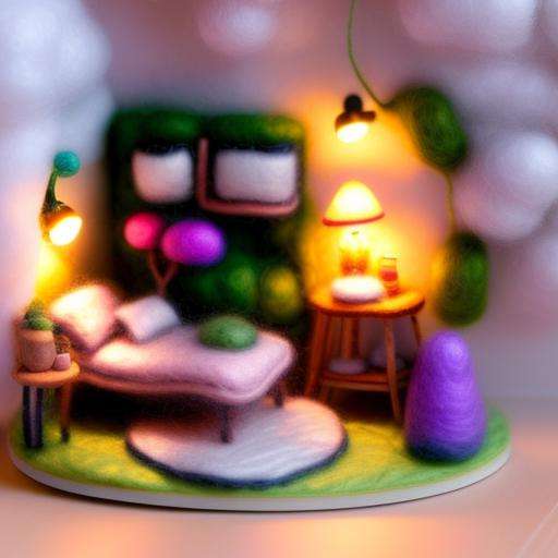 miniwool style of a A beautiful and tender (((miniature))) ((bedroom)) with a forest theme, full of flowers and plants, miniature, product photo, perfect lighting, ((diorama))