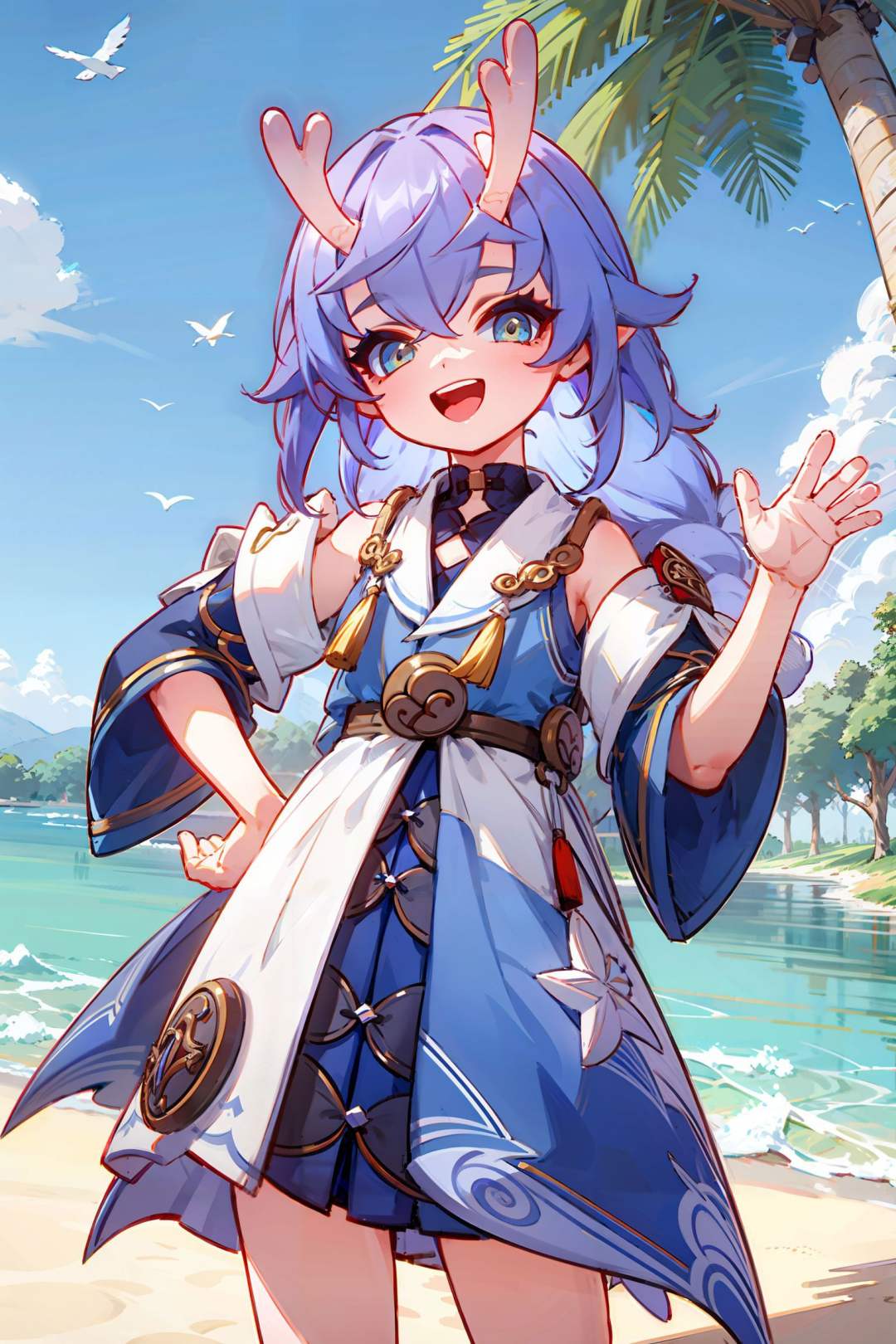 <lora:bengtie_bailu_v1.3>,laugh,(bailu\(character\):1.2),tree,bird,cross your hands at the waist,stand,water,blue sky,beach,full body,best quality,masterpiece,illustration,extremely detailed,CG,unity,8k wallpaper,Amazing,finely detail,masterpiece,best quality,official art,extremely detailed CG unity 8k wallpaper,absurdres,incredibly absurdres,ultra-detailed,highres,(pureerosface_v1:0.5),(ulzzang-6500-v1.1:0.5),