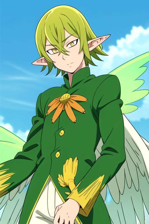 masterpiece, best quality, high quality, 1boy, solo, male focus, looking at viewer, , , <lora:helbram_nanatsu_no_taizai:0.74>, helbram_nanatsu_no_taizai, green hair, pointy ears, yellow eyes, wings, white wings, fairy, coat
