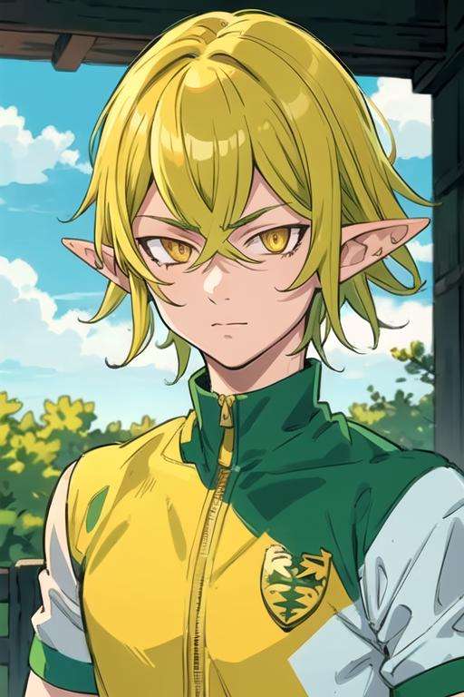 masterpiece, best quality, ultra-detailed, illustration, 1boy, solo, male focus, looking at viewer, upper body, depth of field, <lora:helbram_nanatsu_no_taizai:0.72>, helbram_nanatsu_no_taizai, green hair, pointy ears, yellow eyes, , gym uniform