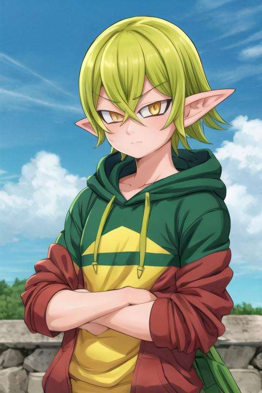 masterpiece, best quality, high quality, 1boy, solo, male focus, looking at viewer, upper body, <lora:helbram_nanatsu_no_taizai:0.72>, helbram_nanatsu_no_taizai, green hair, pointy ears, yellow eyes, , hoodie