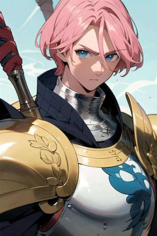 masterpiece, best quality, ultra-detailed, illustration, 1boy, solo, male focus, looking at viewer, upper body, , <lora:gilthunder_nanatsu_no_taizai:0.78>, gilthunder_nanatsu_no_taizai, pink hair, blue eyes, armor,