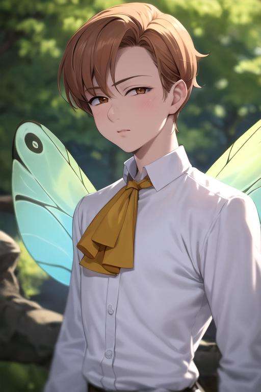 masterpiece, best quality, ultra-detailed, illustration, 1boy, solo, male focus, looking at viewer, upper body, depth of field, <lora:king_nanatsu_no_taizai:0.76>, king_nanatsu_no_taizai, , wings, white wings, fairy, ascot, shirt