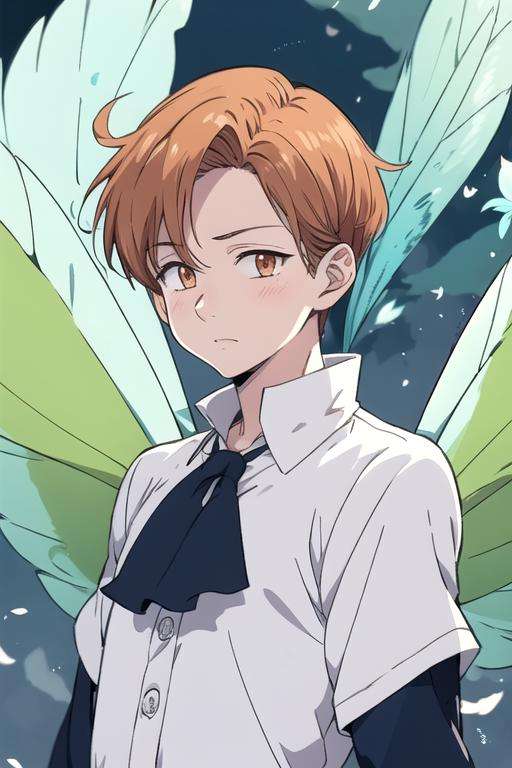 masterpiece, best quality, ultra-detailed, illustration, 1boy, solo, male focus, looking at viewer, upper body, , <lora:king_nanatsu_no_taizai:0.74>, king_nanatsu_no_taizai, , wings, white wings, fairy, ascot, pajamas