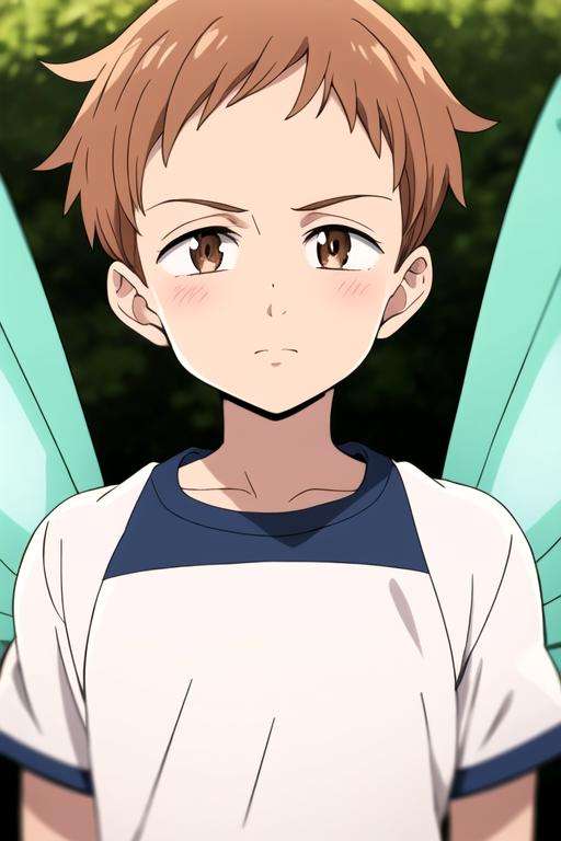 masterpiece, best quality, ultra-detailed, illustration, 1boy, solo, male focus, looking at viewer, upper body, depth of field, <lora:king_nanatsu_no_taizai:0.74>, king_nanatsu_no_taizai, brown hair, brown eyes, wings, white wings, fairy, fairy wings, sportswear