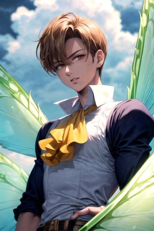 masterpiece, best quality, ultra-detailed, illustration, 1boy, solo, male focus, looking at viewer, upper body, , <lora:king_nanatsu_no_taizai:0.76>, king_nanatsu_no_taizai, , wings, white wings, fairy, ascot, shirt