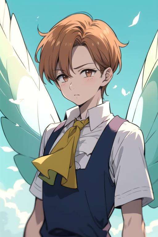 masterpiece, best quality, high quality, 1boy, solo, male focus, looking at viewer, upper body, , <lora:king_nanatsu_no_taizai:0.76>, king_nanatsu_no_taizai, , wings, white wings, fairy, ascot, school uniform