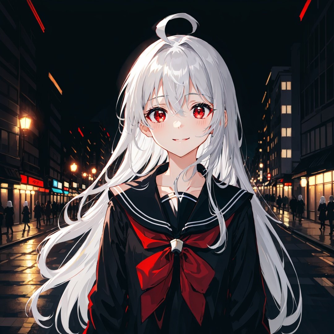 best quality,masterpiece,depth of field,Cinematic Lighting,(1girl),full body,elegant,solo,panorama,bust shot,sunset,twilight, long hair,(hair between eyes:1.2),silver hair,ahoge,gray inner hair,red eyes,black sailor collar, black serafuku, long sleeves,seductive smile,dark,cityscape,night,intense shadows,(dynamic angle:1.2),The street,pedestrians<lora:last:0.75>