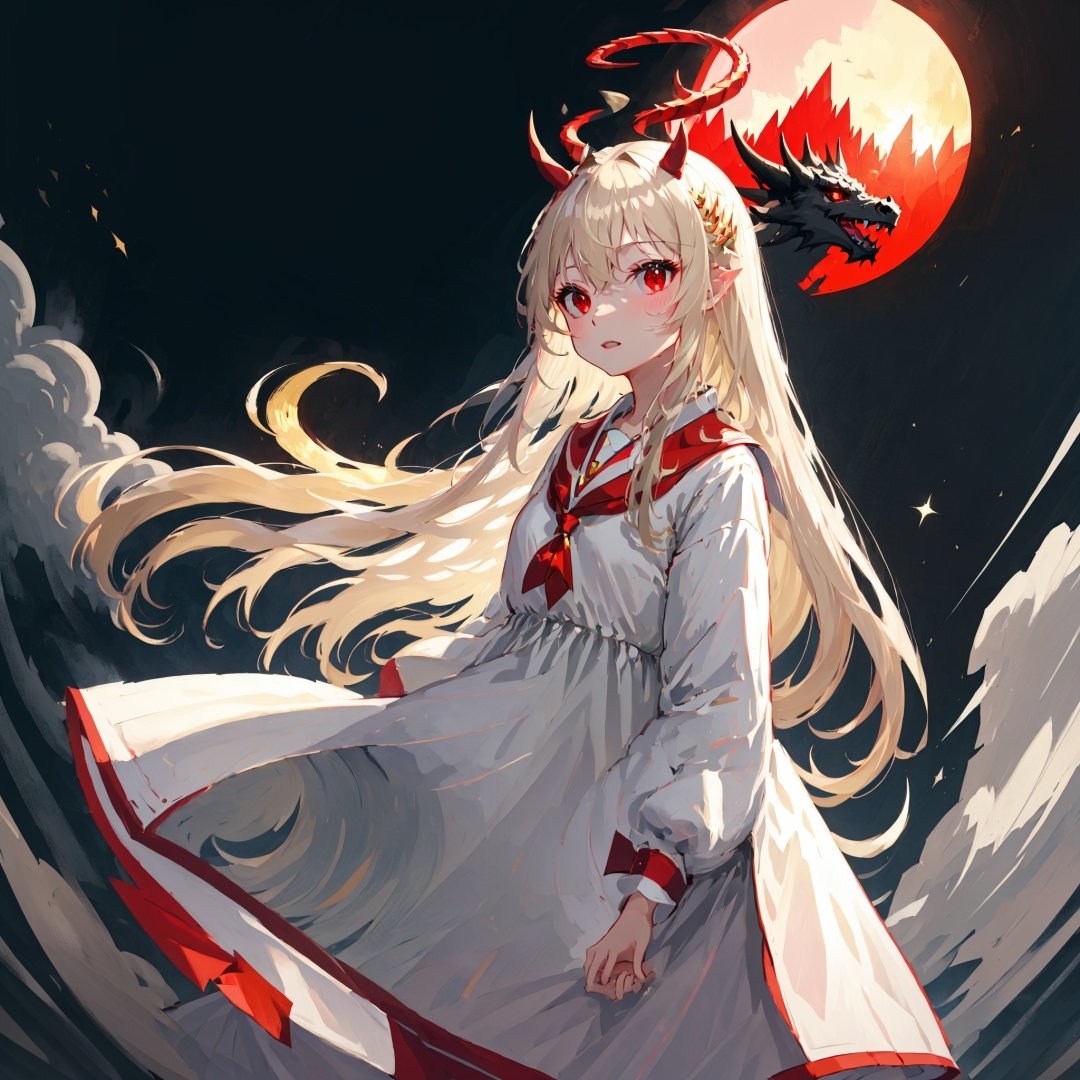 best quality,masterpiece,simple_background,1girl,solo,monster girl,full body,(Light Pink Skin),halo,(antlers:1.2), crown,jewelry,cheongsam dress,blonde hair,long hair,red eyes,(dragon Scales on the body:1.2),Standing on a cloud,She clenched her fists and prayed,  <lora:last:1>